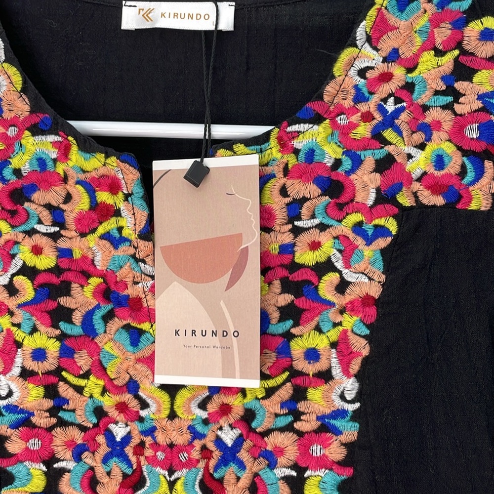 Kirundo Colorful Floral Embroidered Black Ruffle Boho Dress size: Large